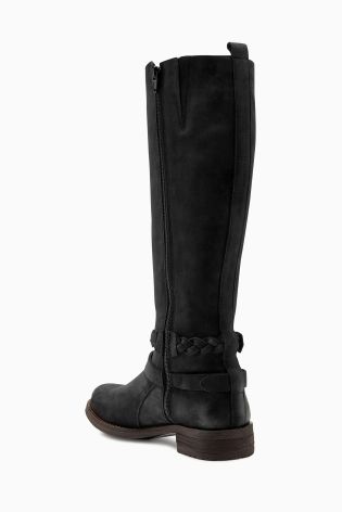 Leather Plait Strap Long Boots